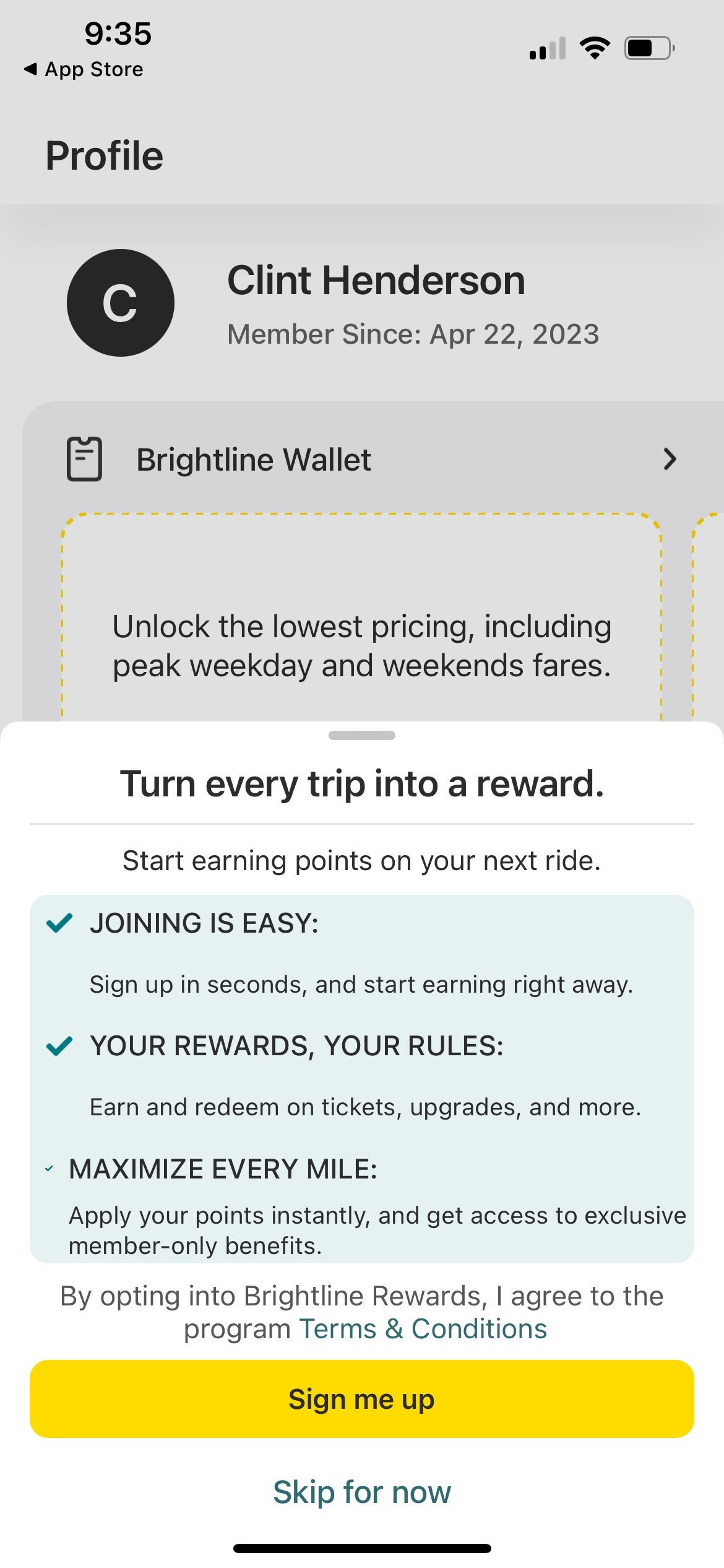 Brightline Rewards enrollment prompt. BRIGHTLINE