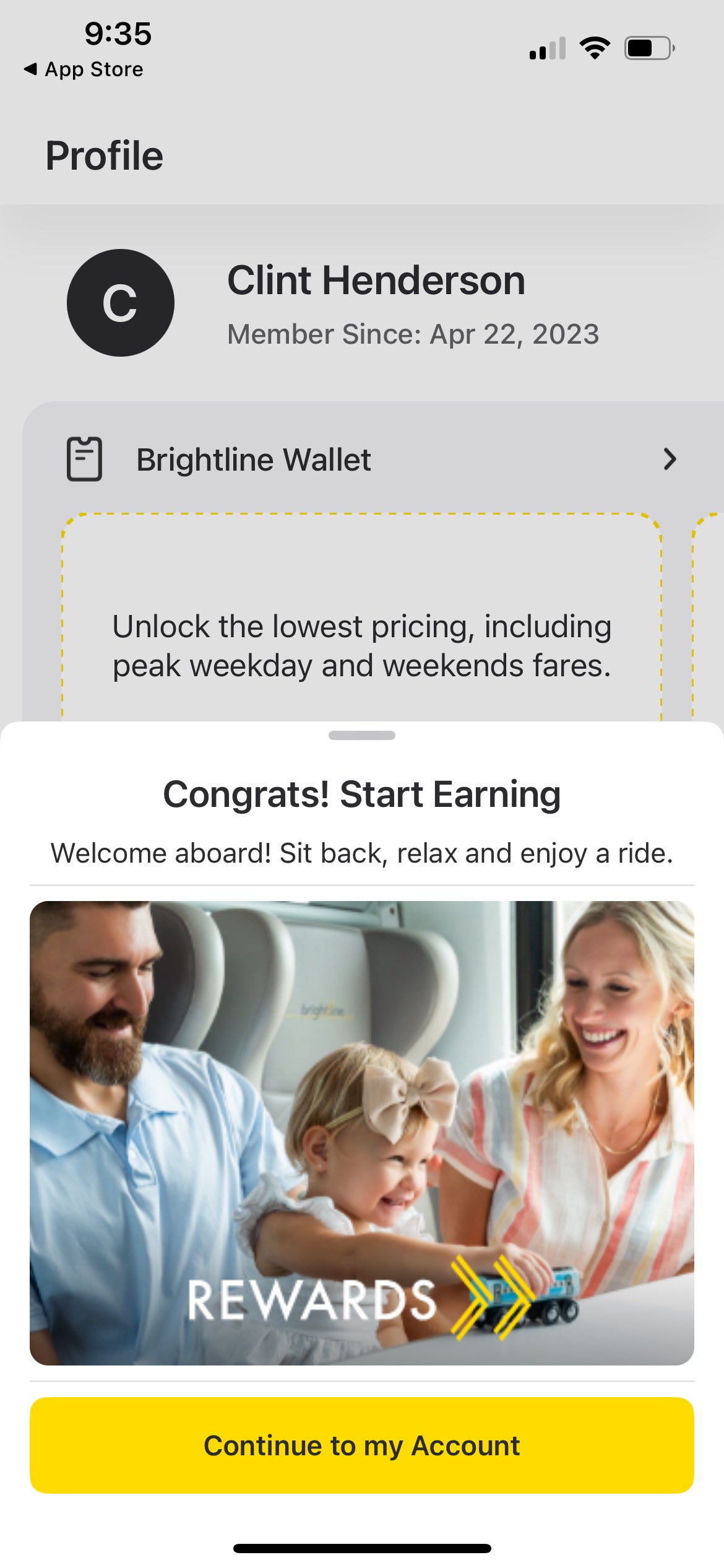 Brightline Rewards notification. BRIGHTLINE
