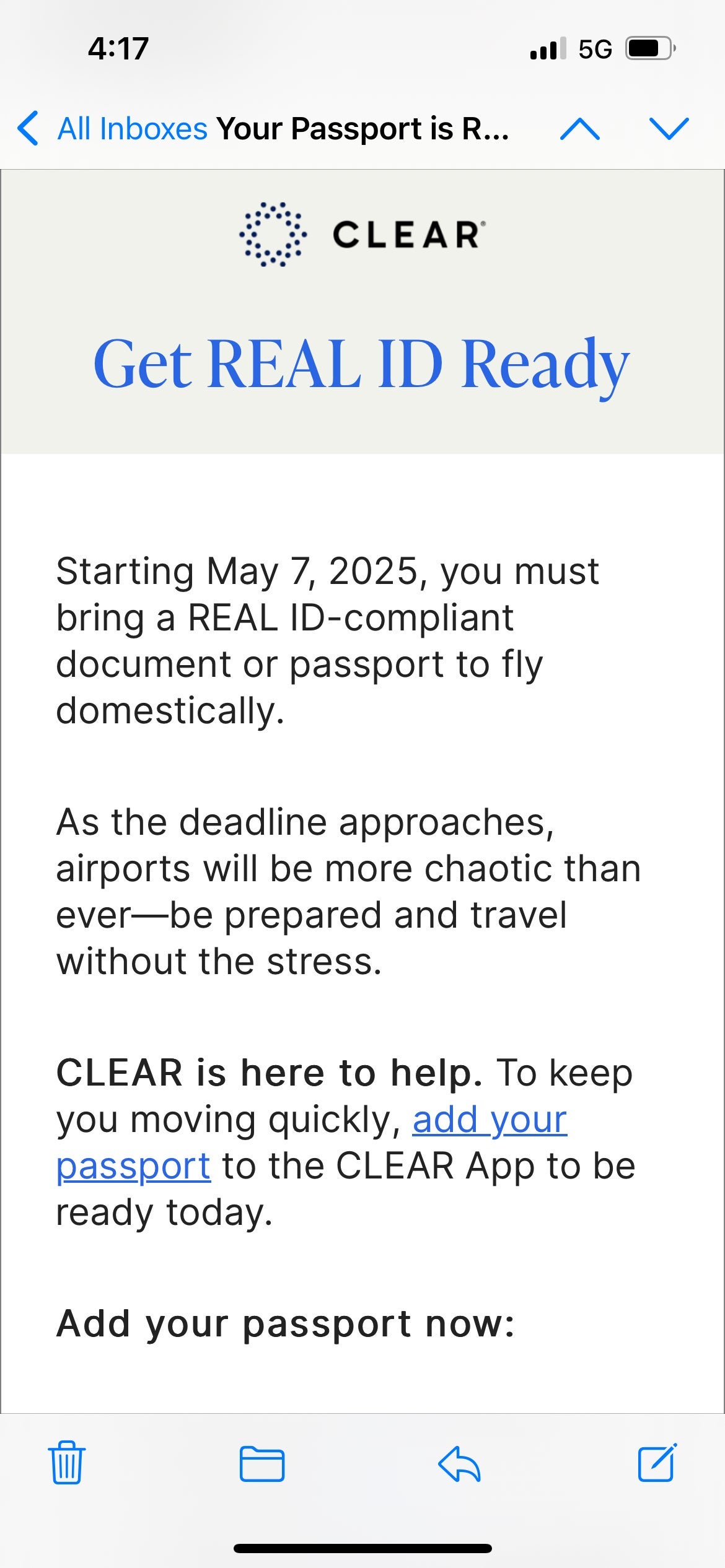 Clear Real ID notification. CLEAR