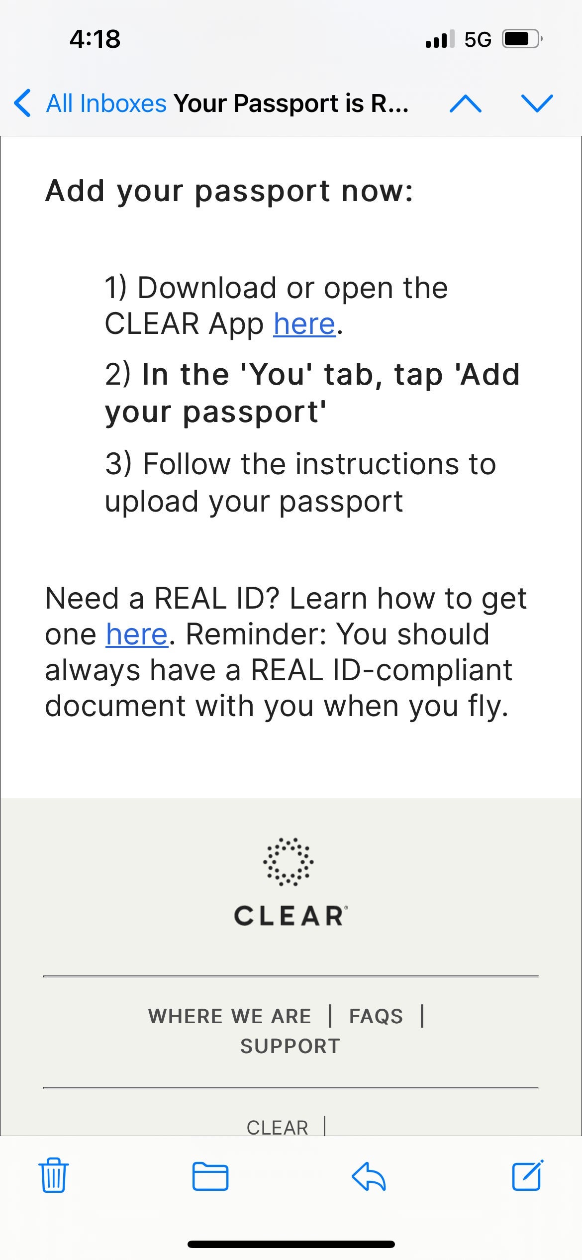 Clear Real ID notification. CLEAR