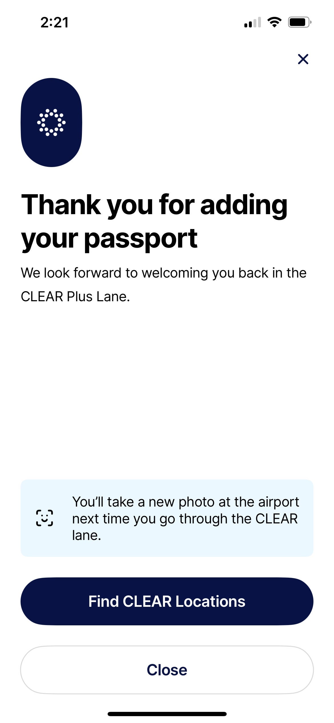 Clear add your passport feature