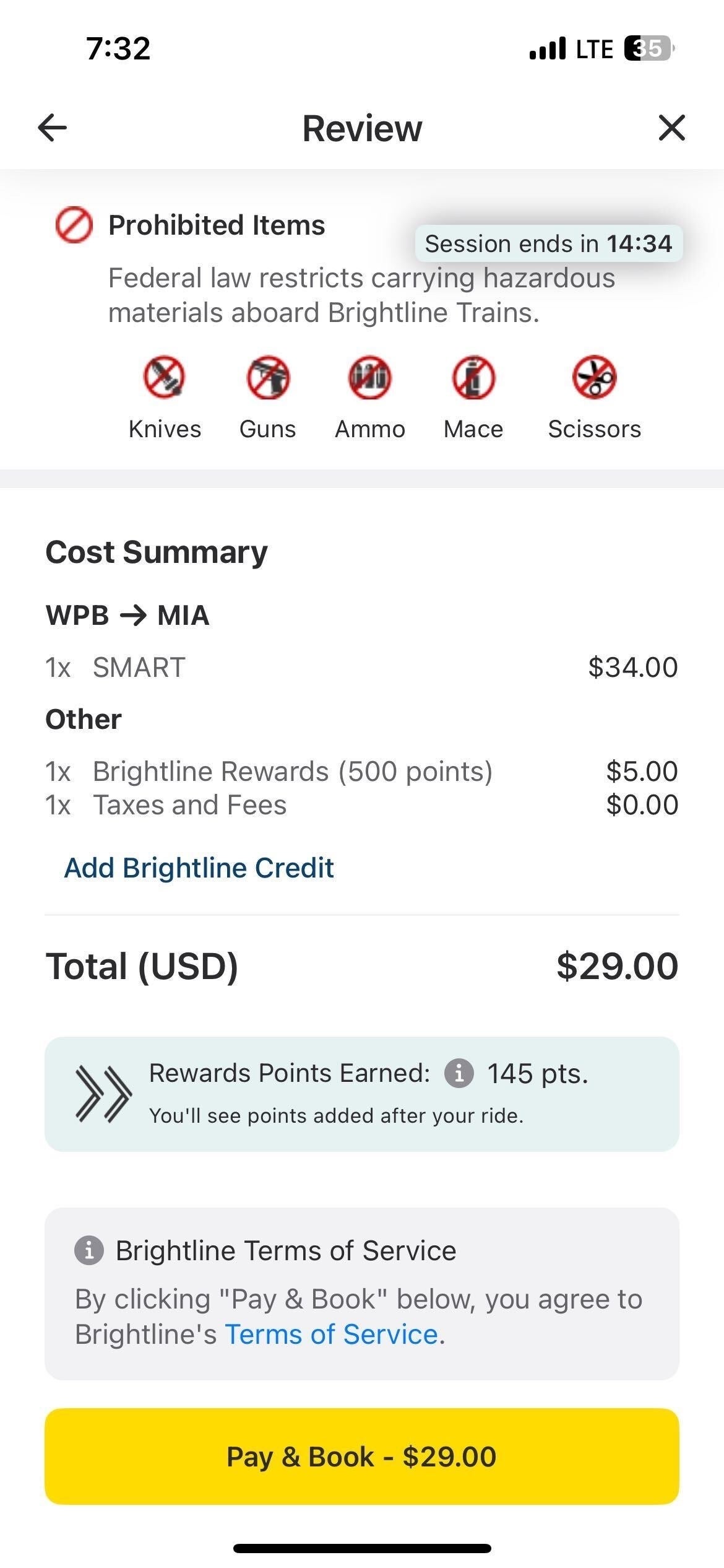 Brightline Rewards points showing in a users account. BRIGHTLINE
