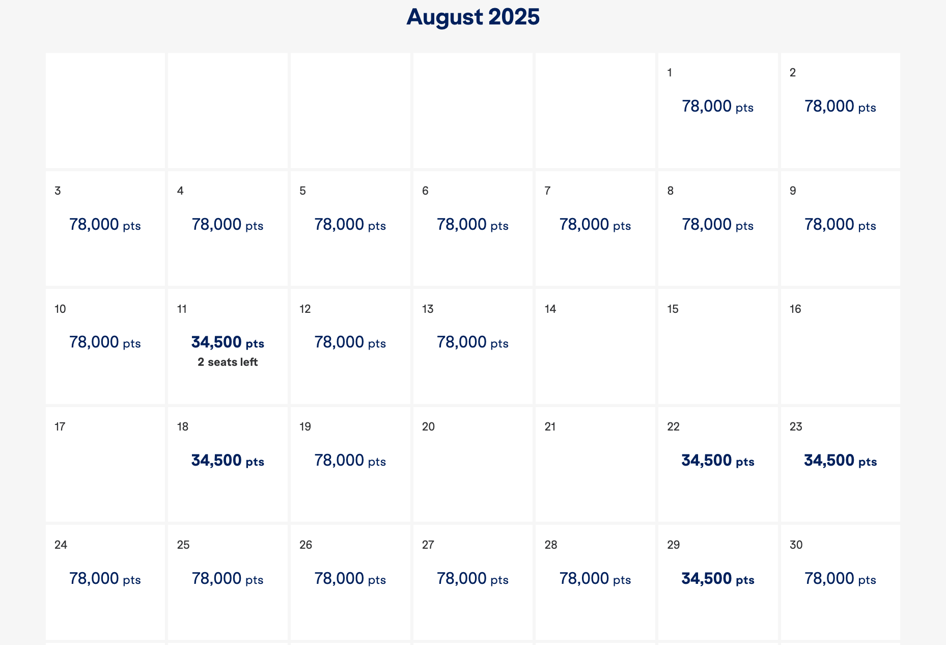 JetBlue Aug 2025 points calendar