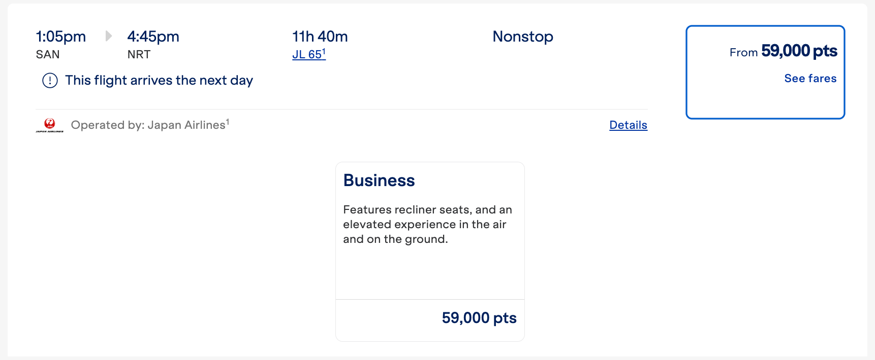 JetBlue JAL SAN-NRT business