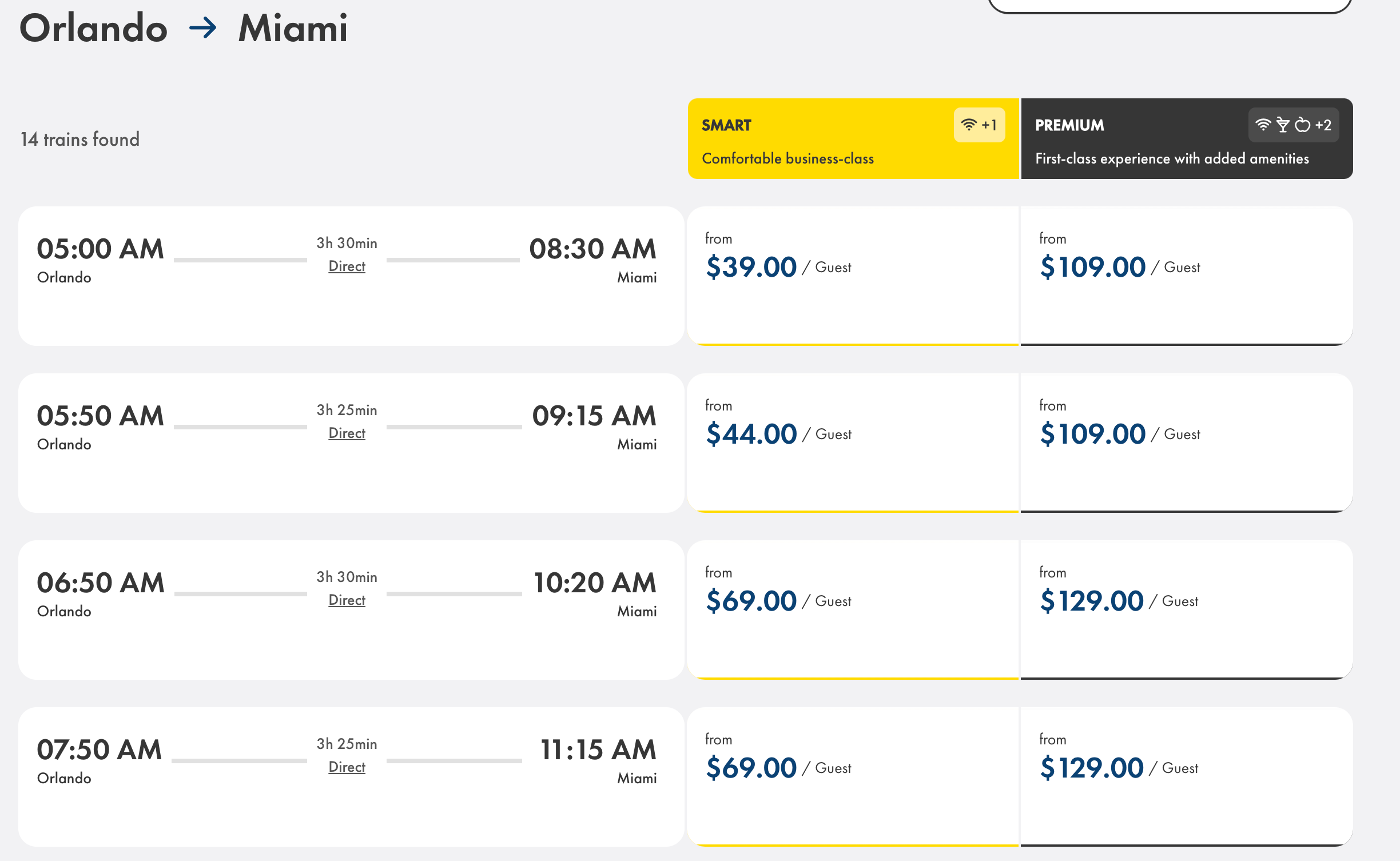 Brightline fares from Orlando to Miami. BRIGHTLINE