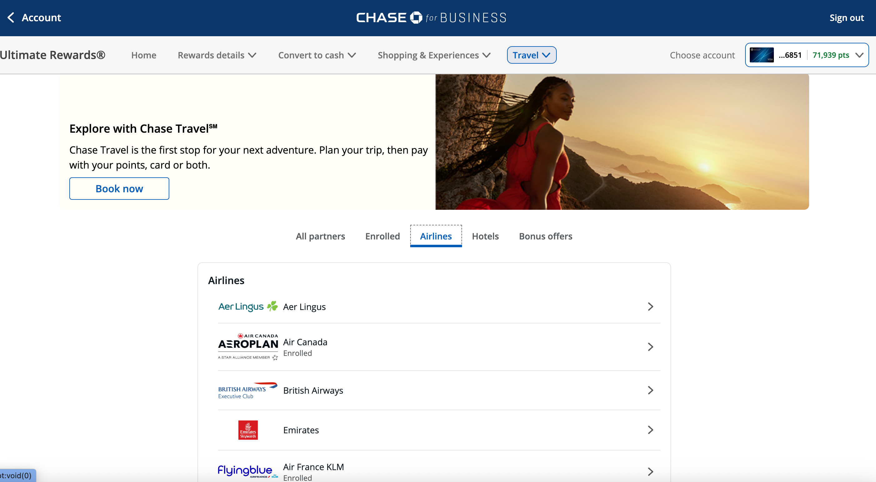CHASE TRAVEL transfer partners page.