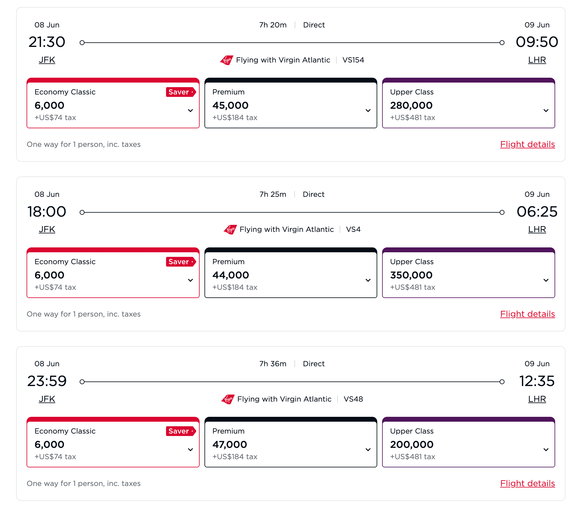 Virgin Atlantic website screenshot