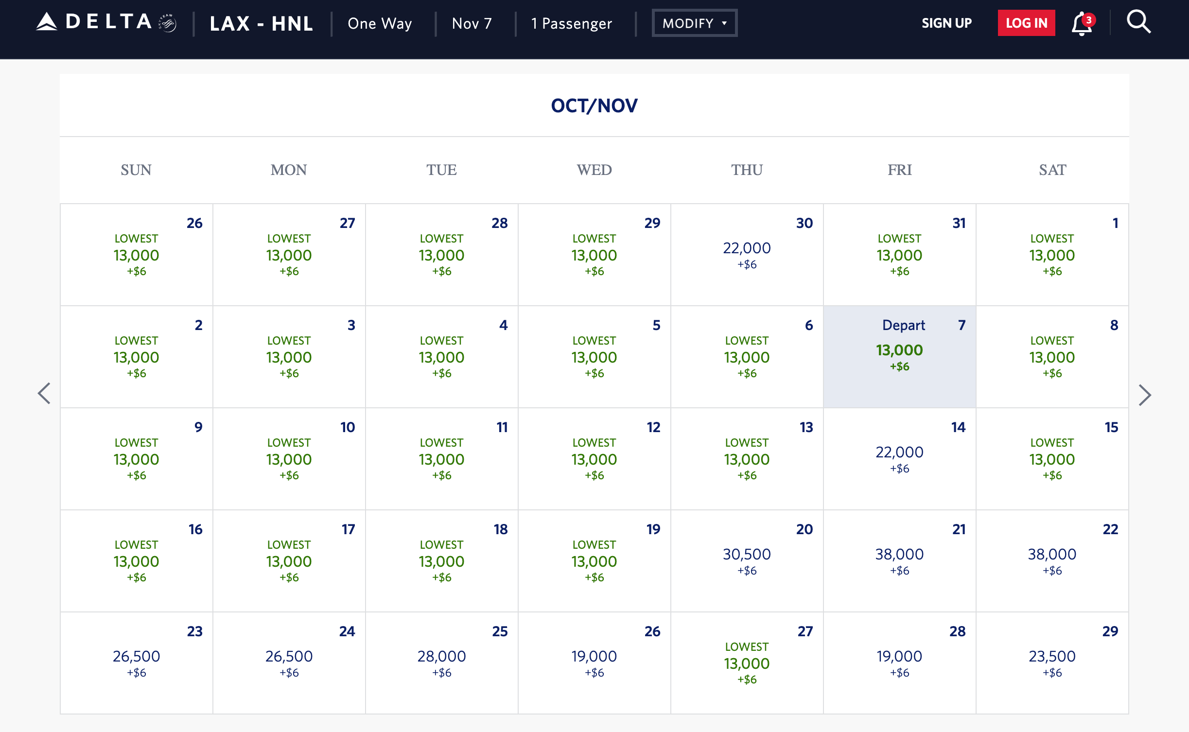 Delta award calendar LAX-HNL