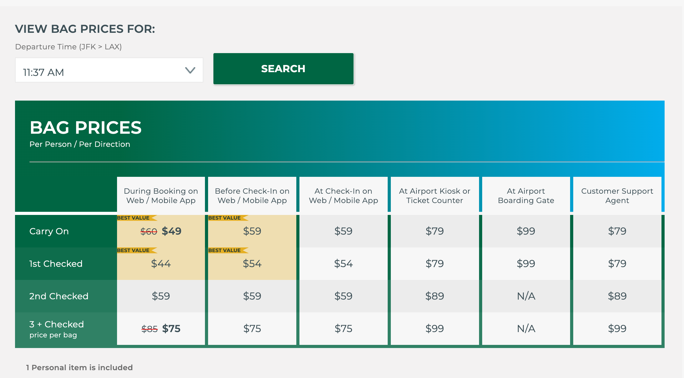 Screenshot of Frontier checked bag prices