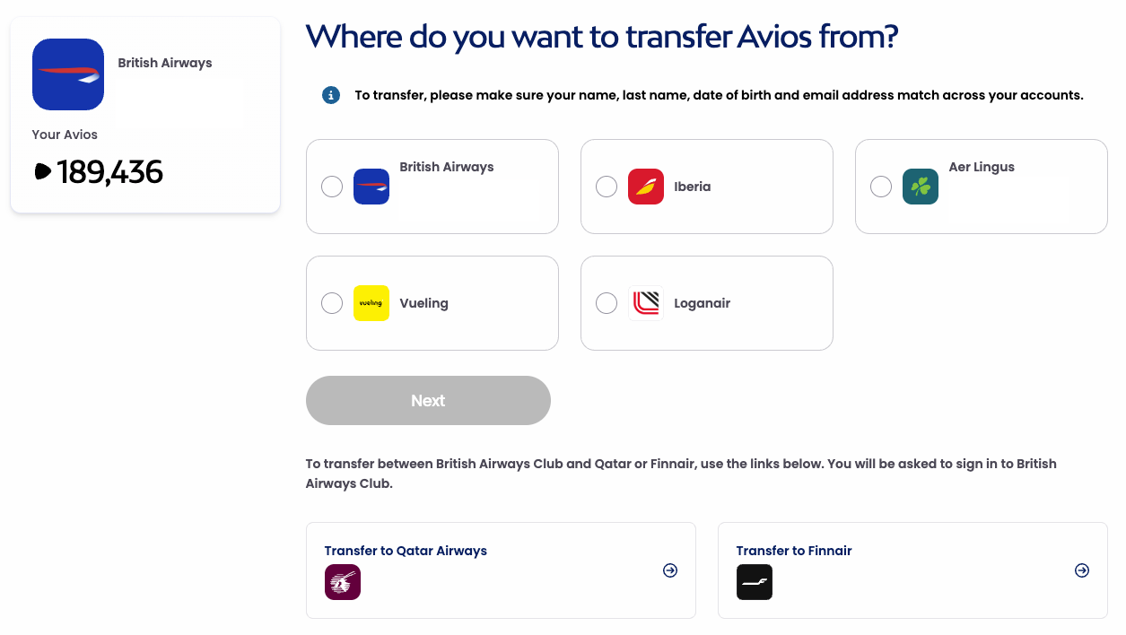 Avios transfer tool