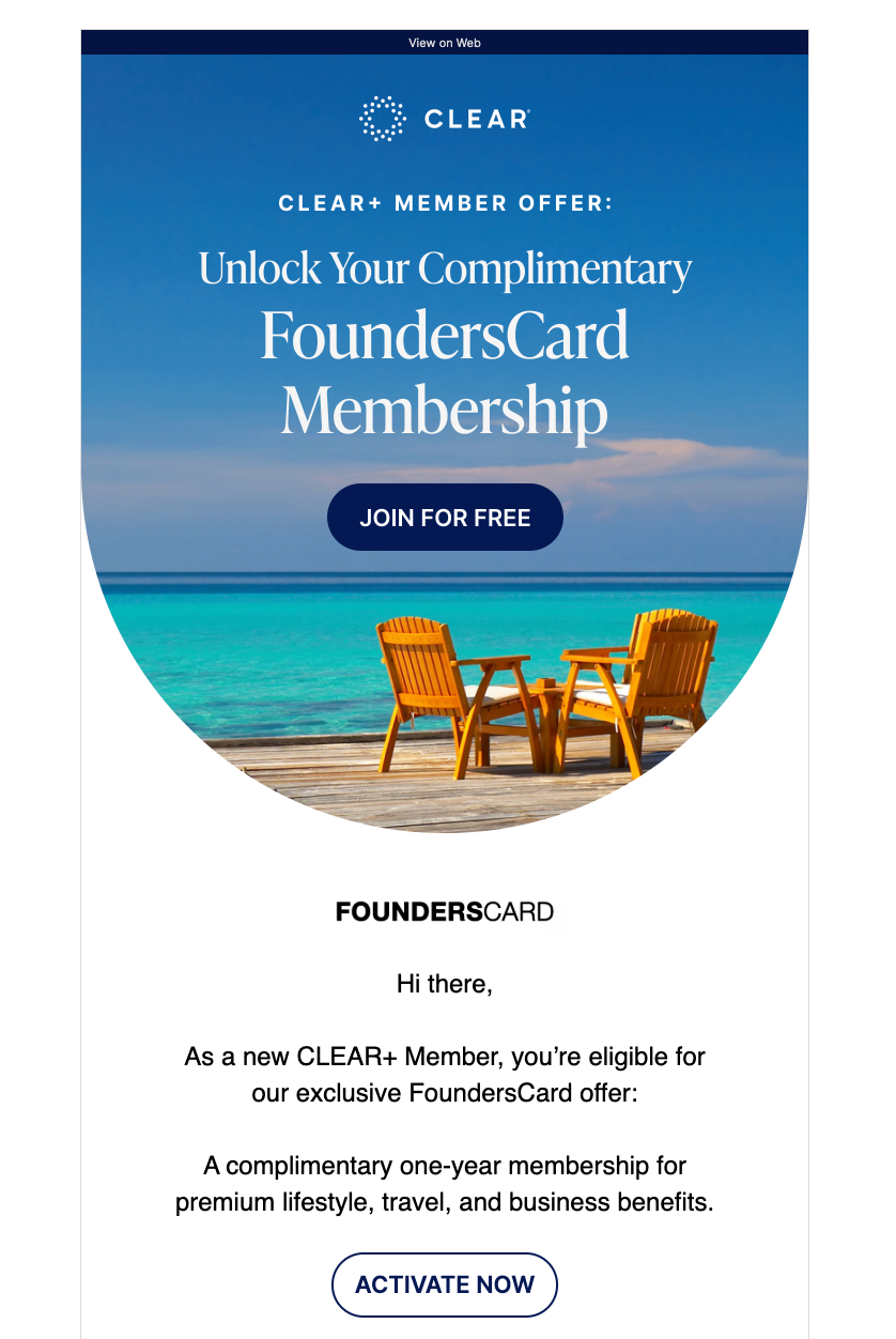Clear+ email about Founderscard