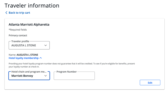 Chase Travel fill in Marriott number