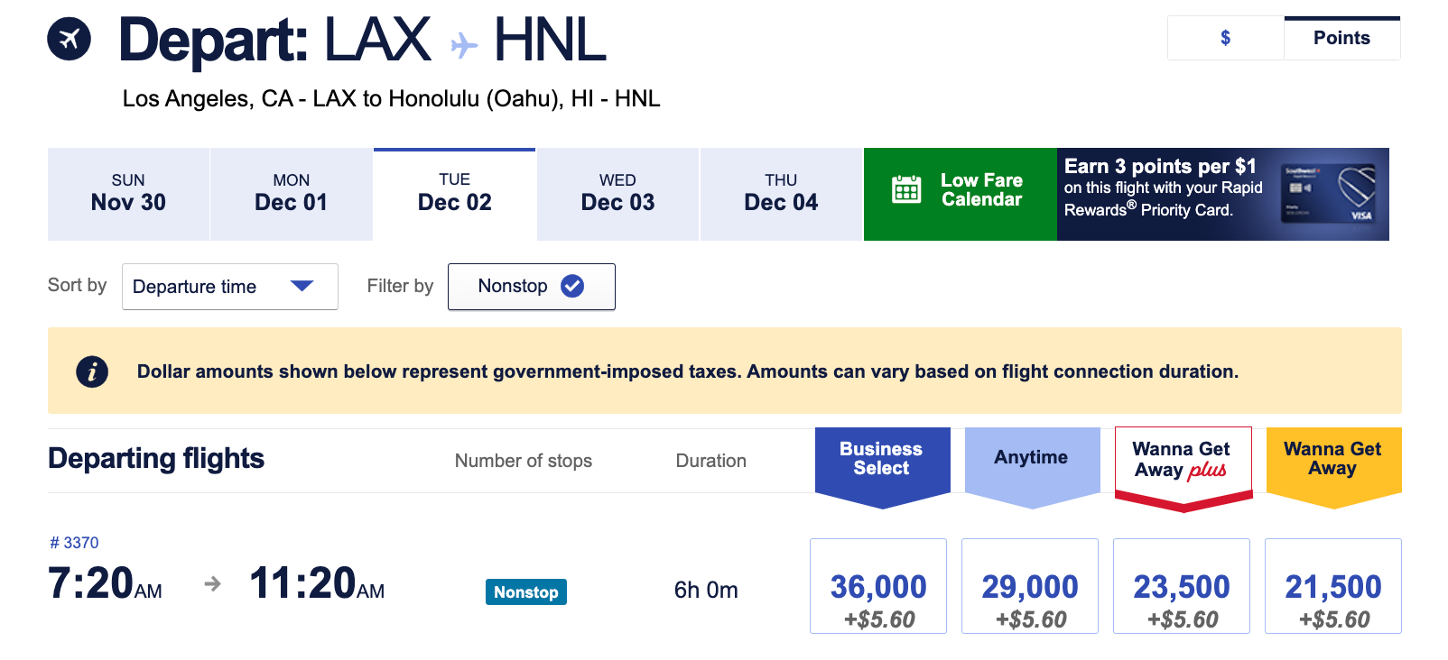 Southwest LAX-HNL points