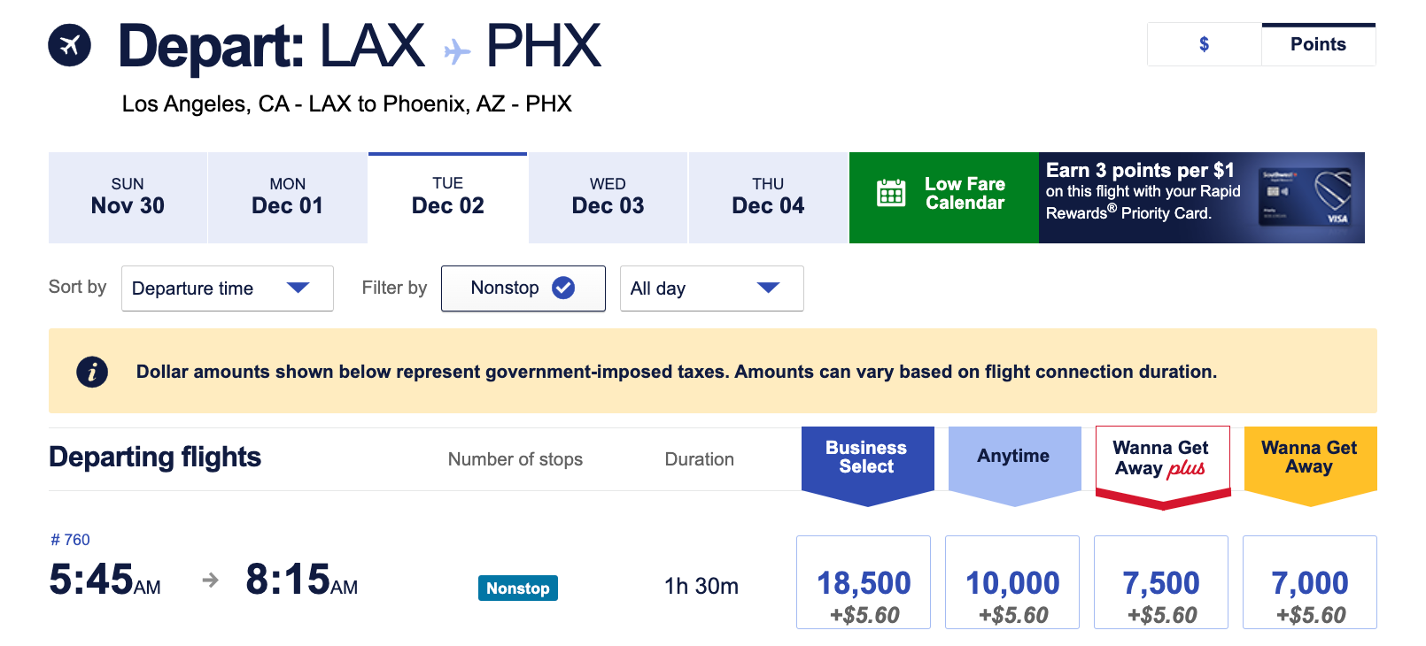 Southwest LAX-PHX points