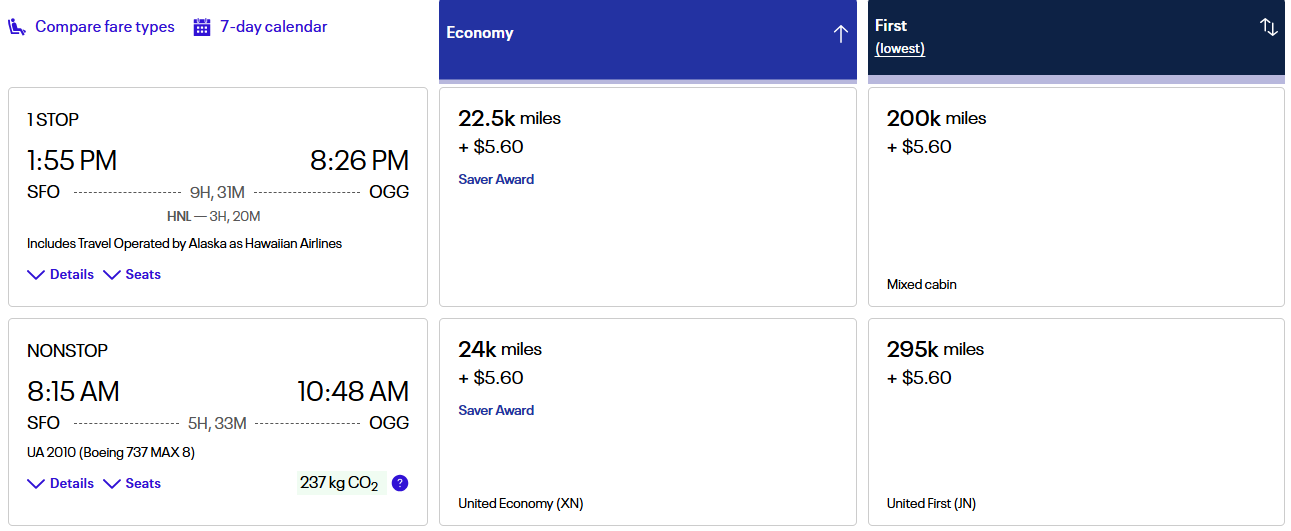 UA SFO-OGG United vs partner flight