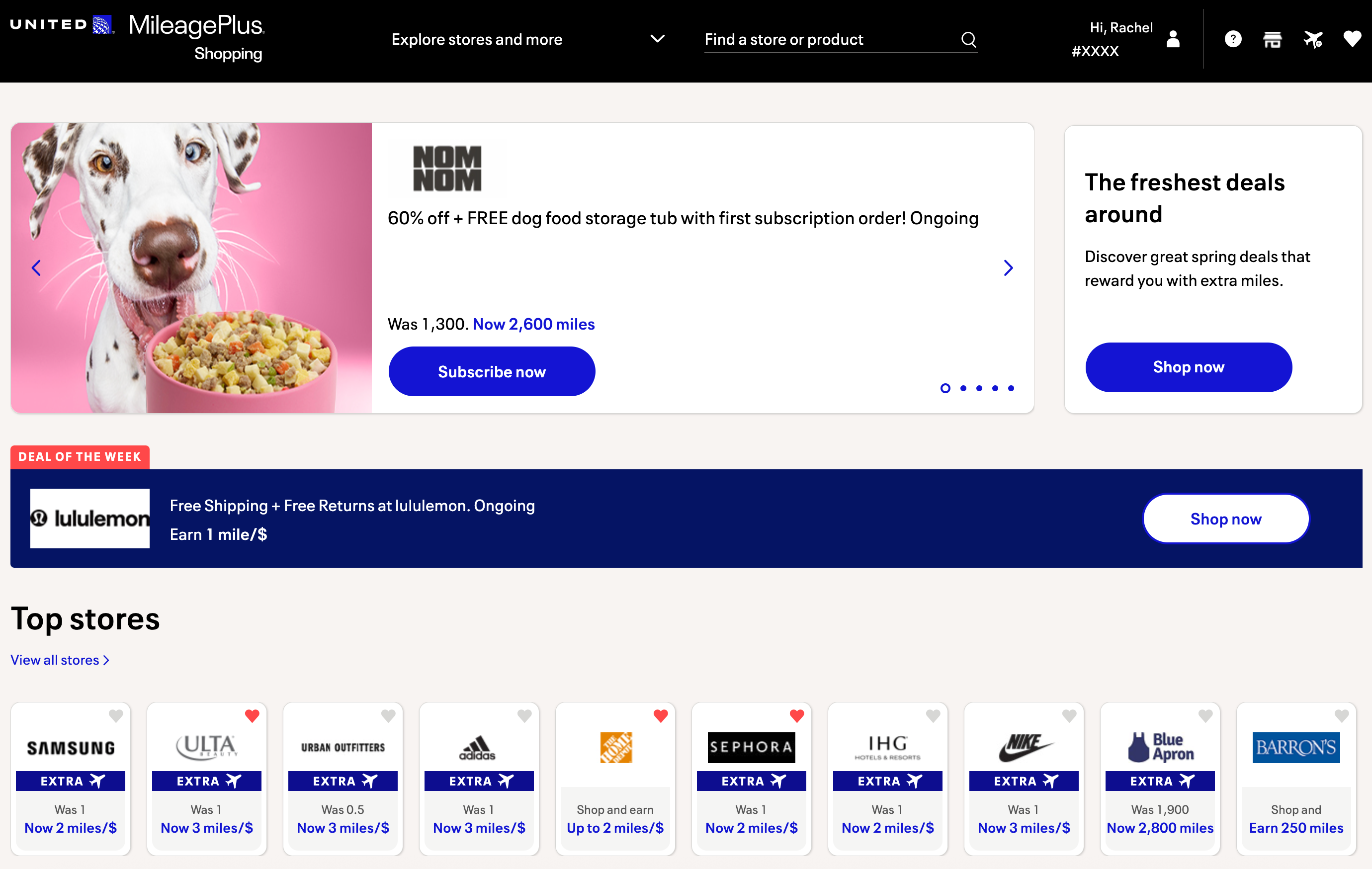 United shopping logged in home page