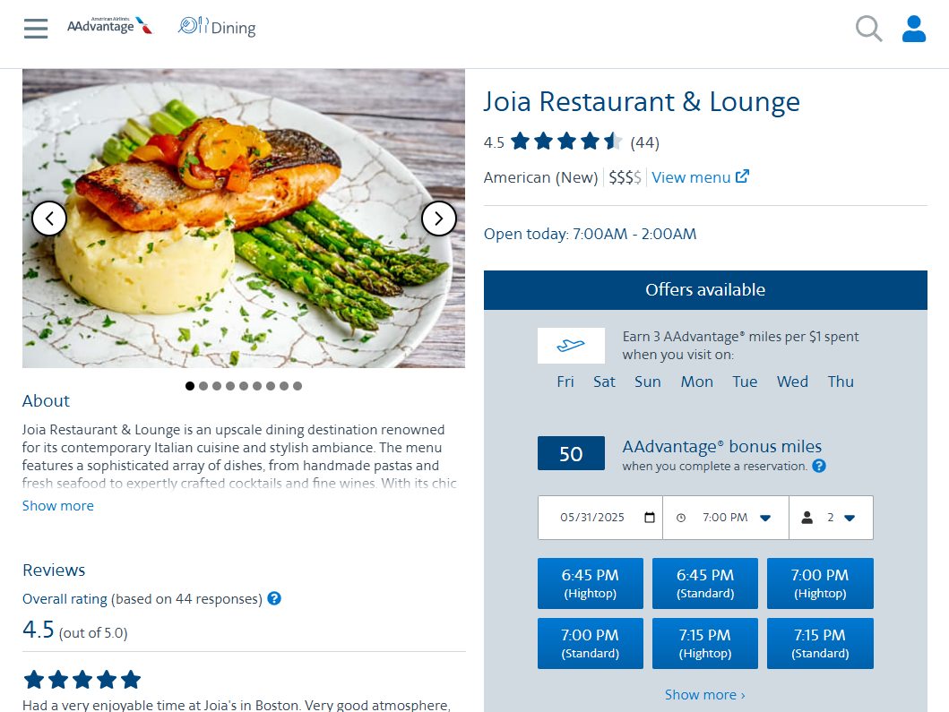 AAdvantage Dining reserve option