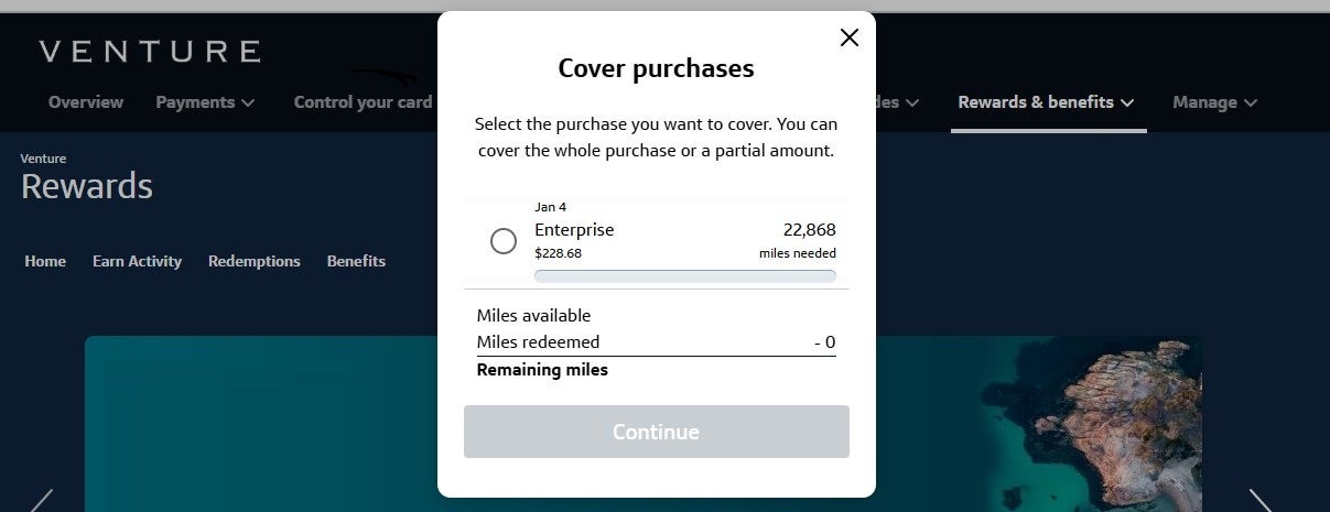 Covering recent travel purchases with miles