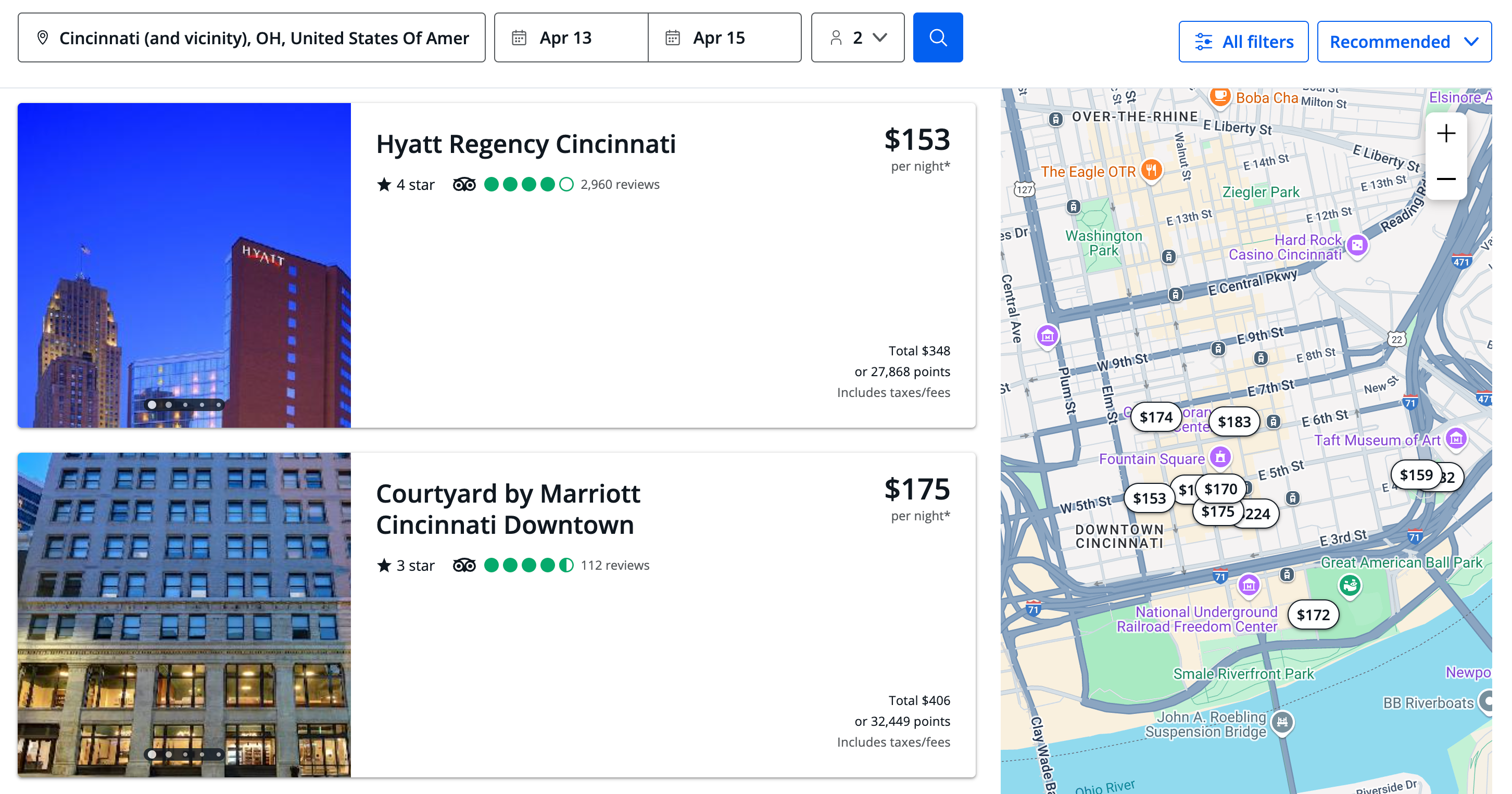 Hotel search in Cincinnati on Chase Travel portal