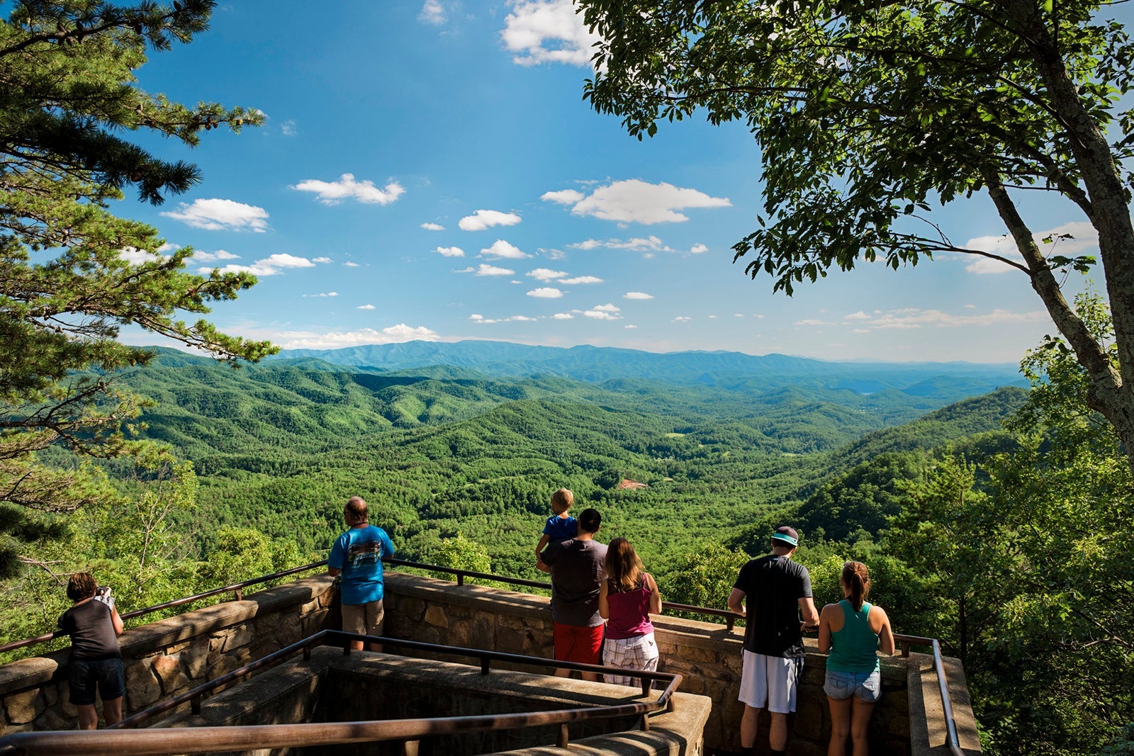 A family group stops at the Look Rock area of Foothills Parkway West in Great Smoky Mountains National Park to enjoy the summer view of the Appalachian Mountains. This image is looking north-east into the park.