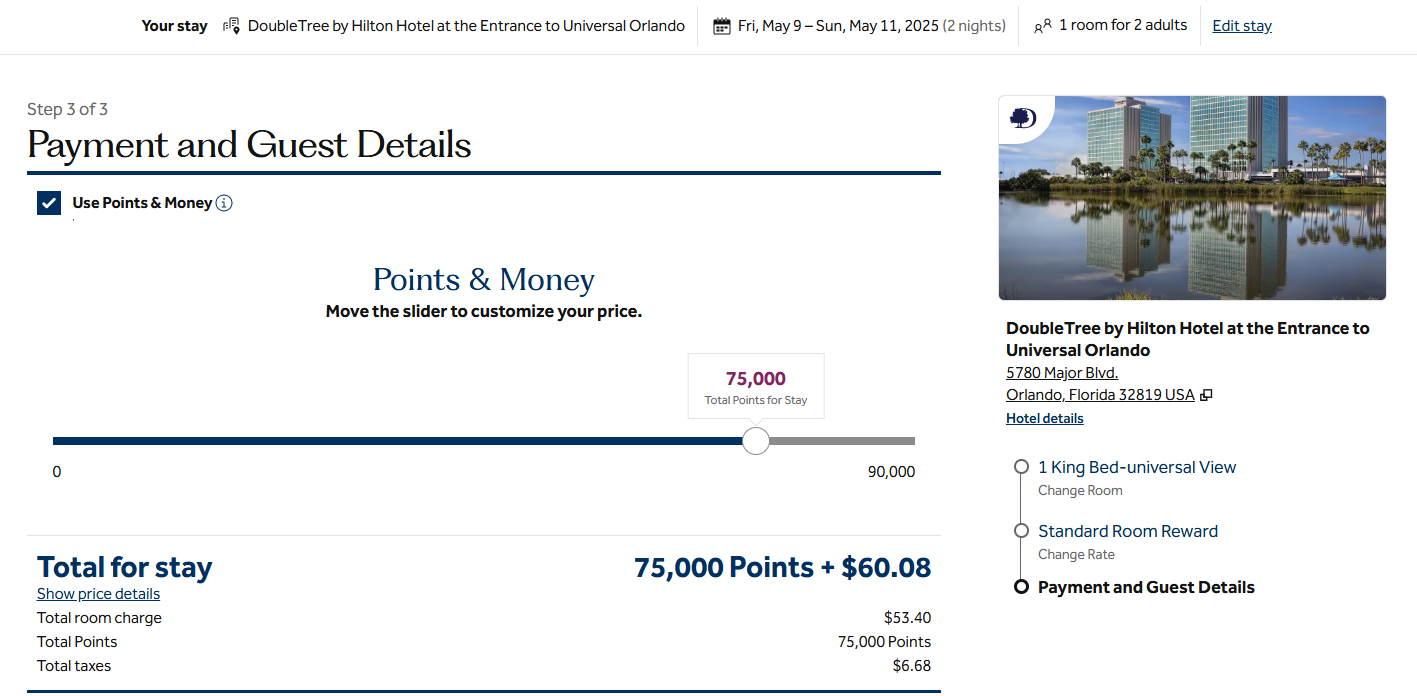 Hilton points and money reward