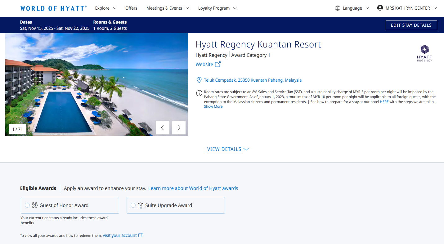 Booking a Hyatt Guest of Honor award stay