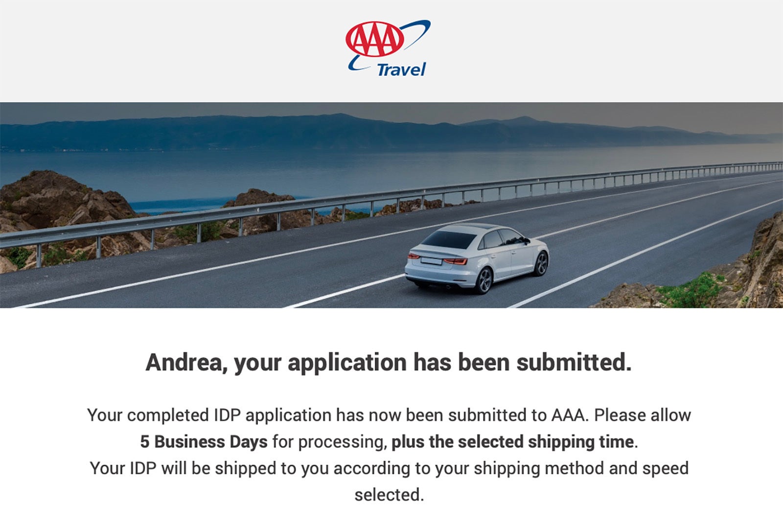 message saying my International Driving Permit application was successfully submitted online
