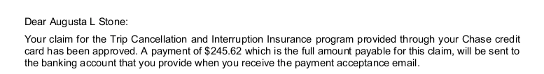 Trip cancellation insurance screenshot