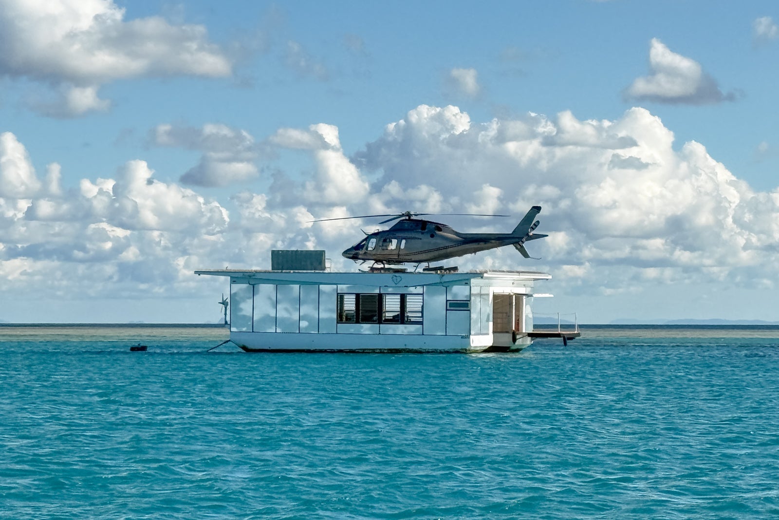 Helicopter over water