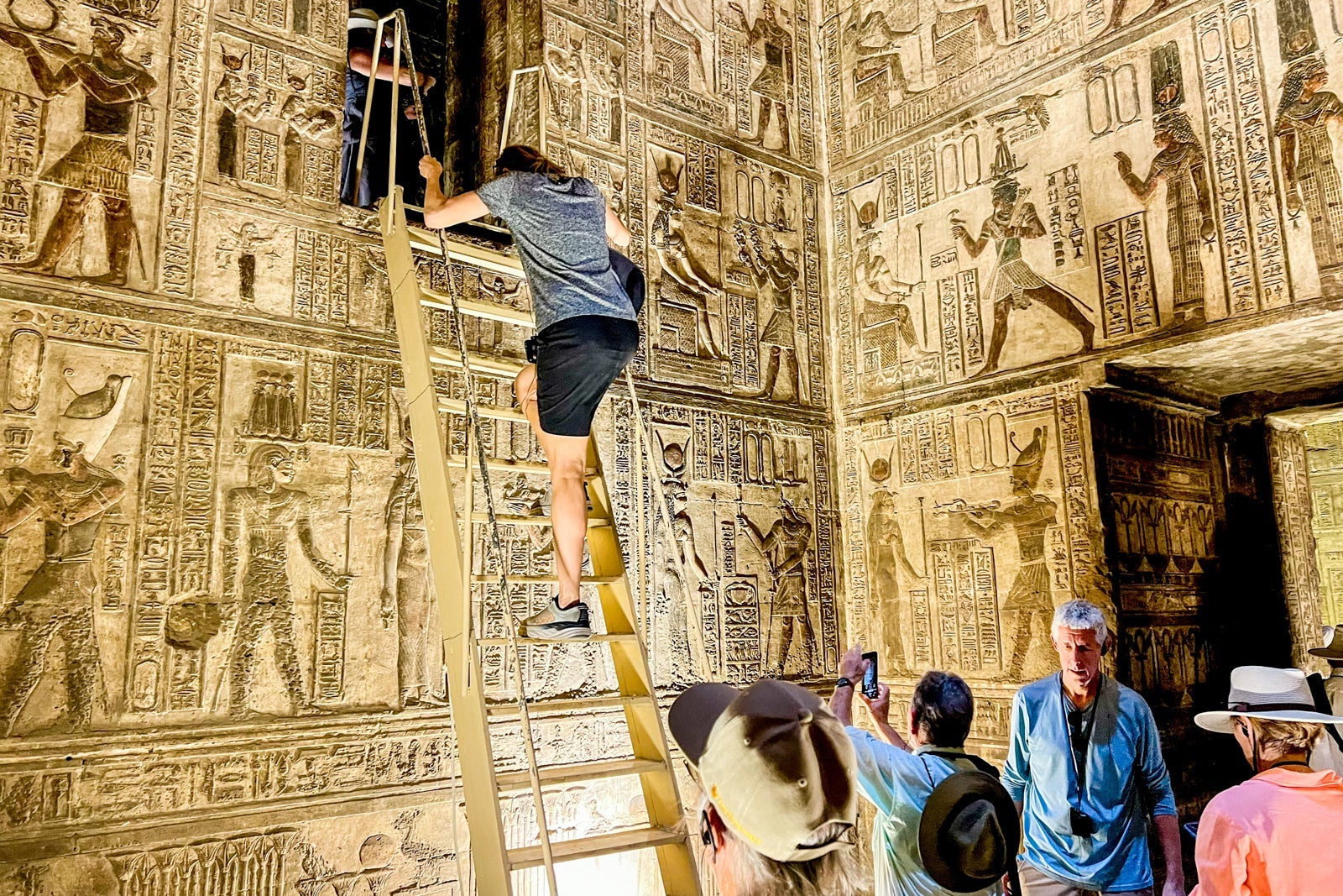 AmaWaterways passengers explore inside the 2,200-year-old Temple of Hathor