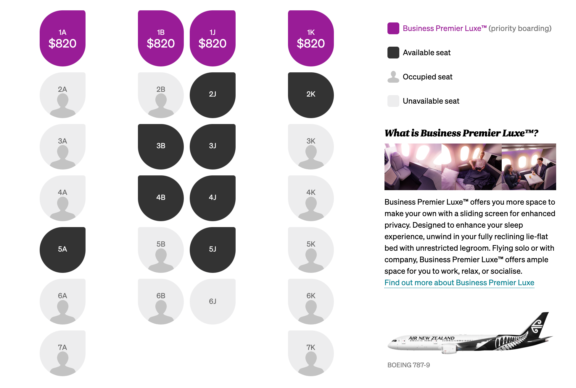 Air NZ business seat map