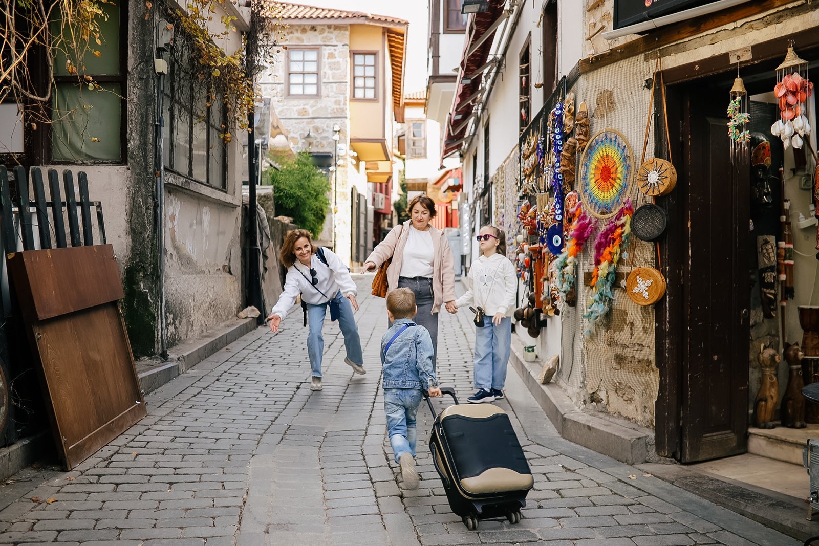 Family walking through market