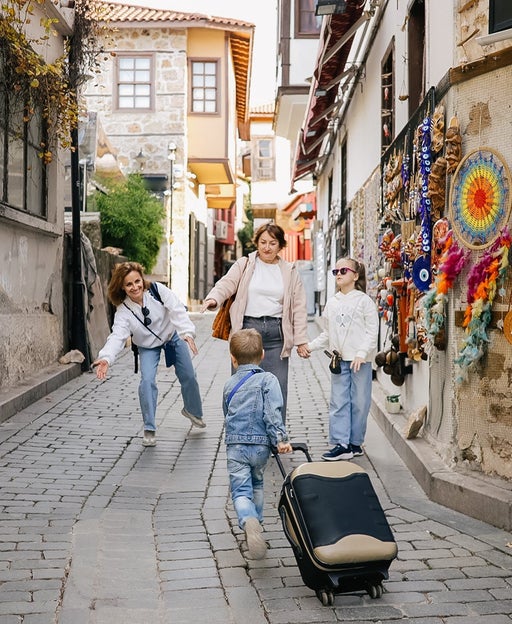 Family walking through market