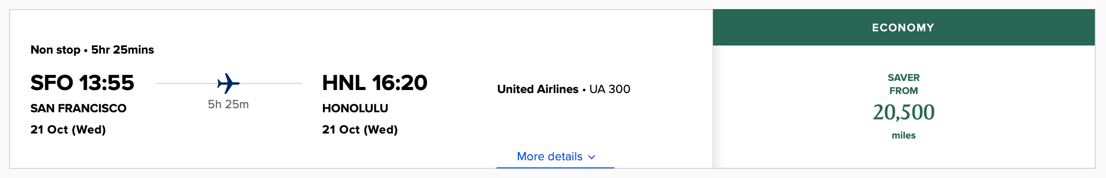 KrisFlyer award ticket from San Francisco to Honolulu