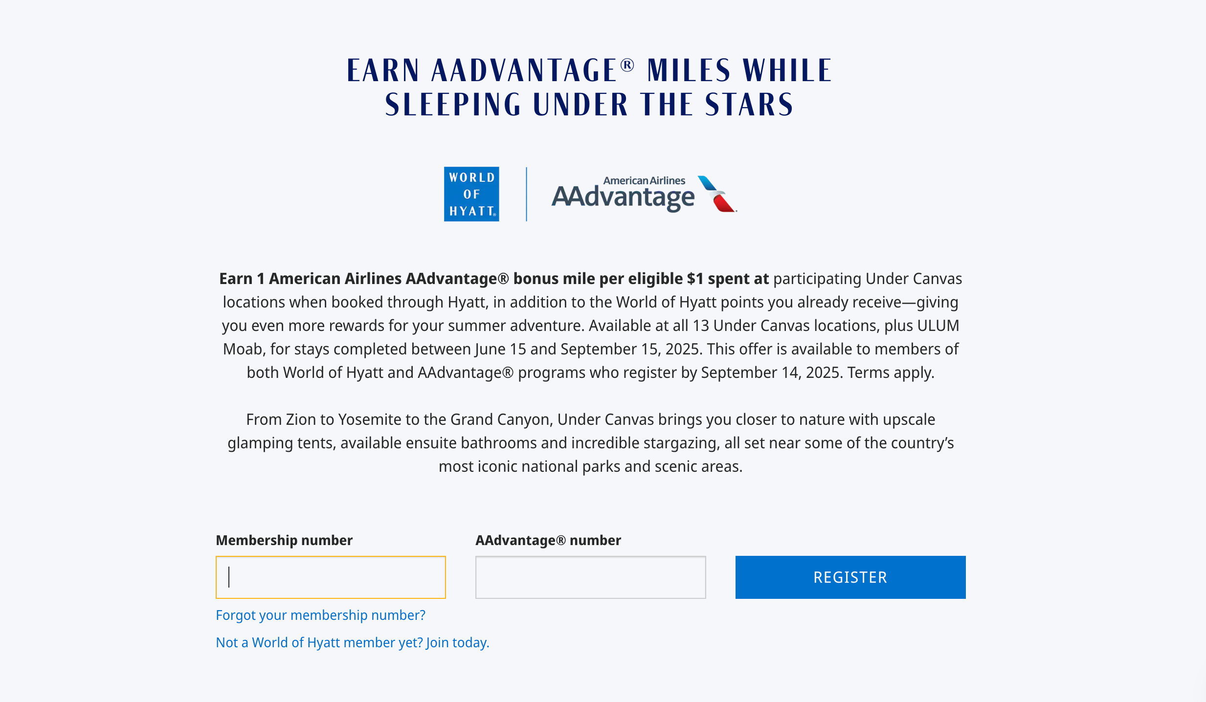 Hyatt Under Canvas promotion registration page.