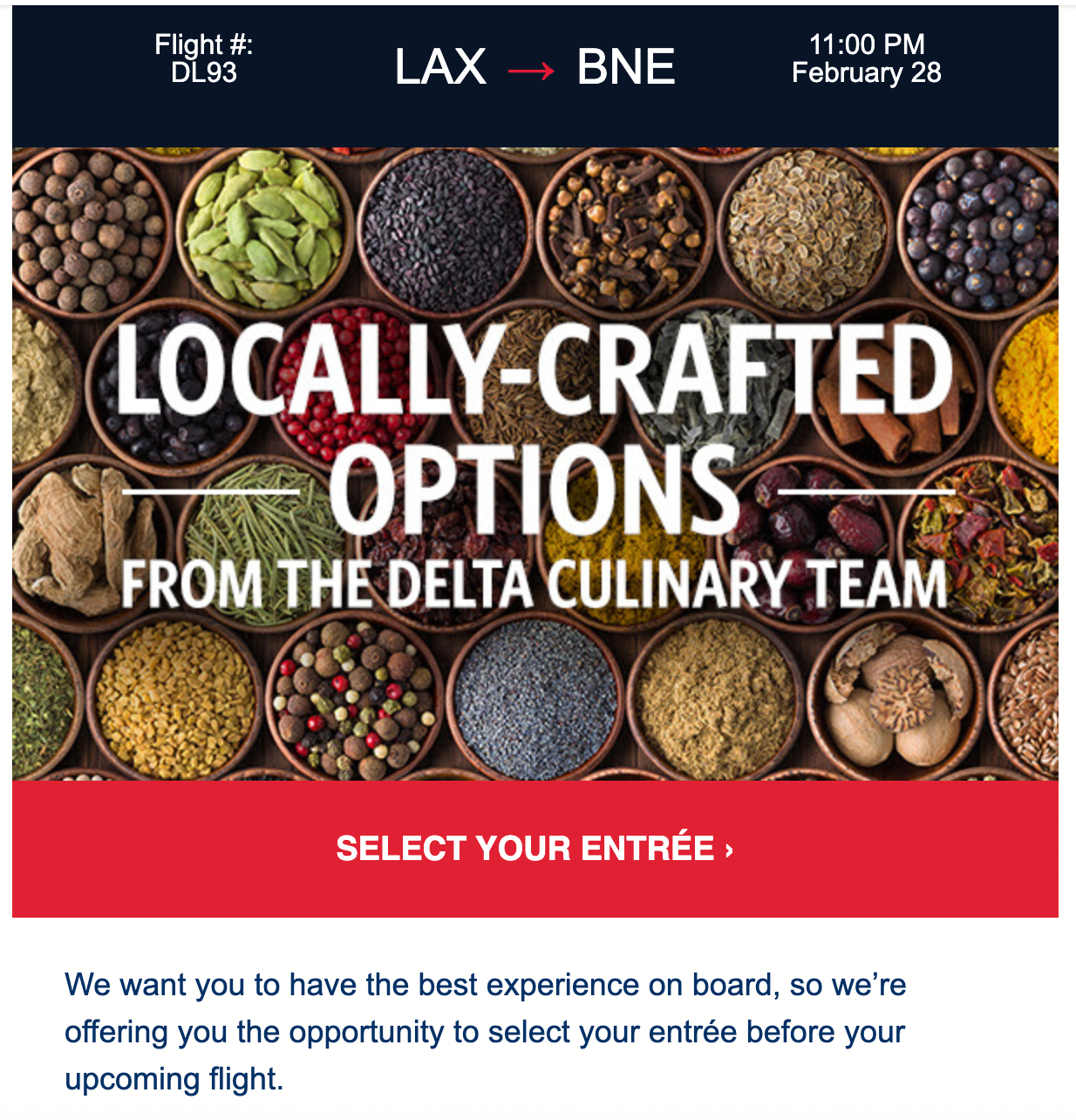 Select your meal email from Delta before a recent flight to Brisbane.
