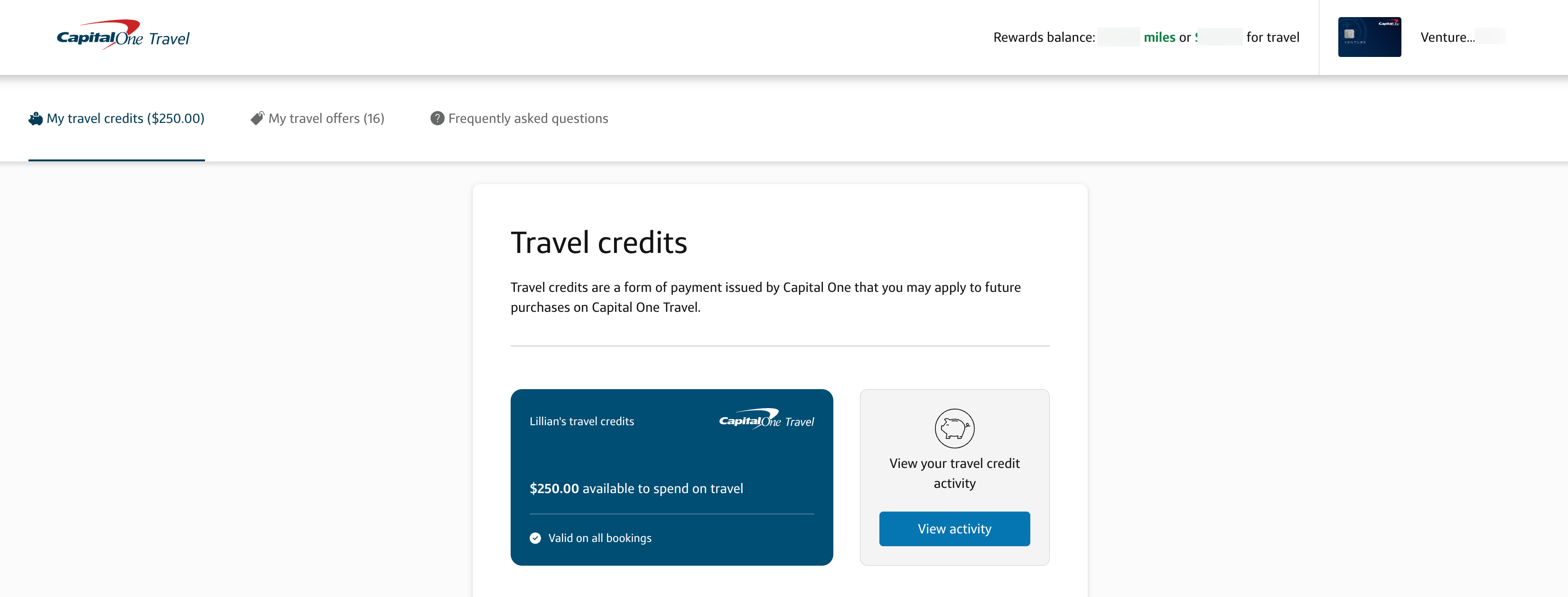 A screen shot of a $250 Capital One Travel credit from the Venture Card