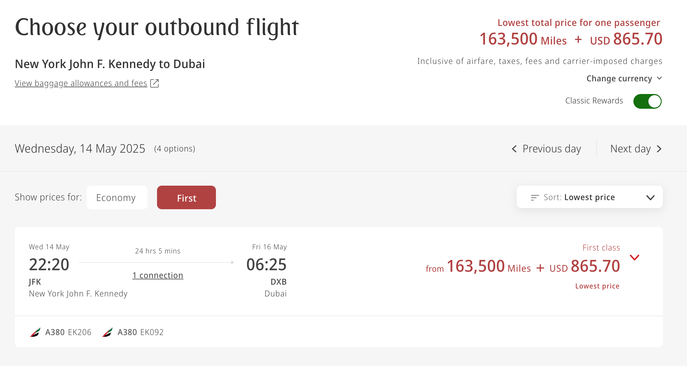 A screen shot of Emirates first class award from New York JFK to Dubai