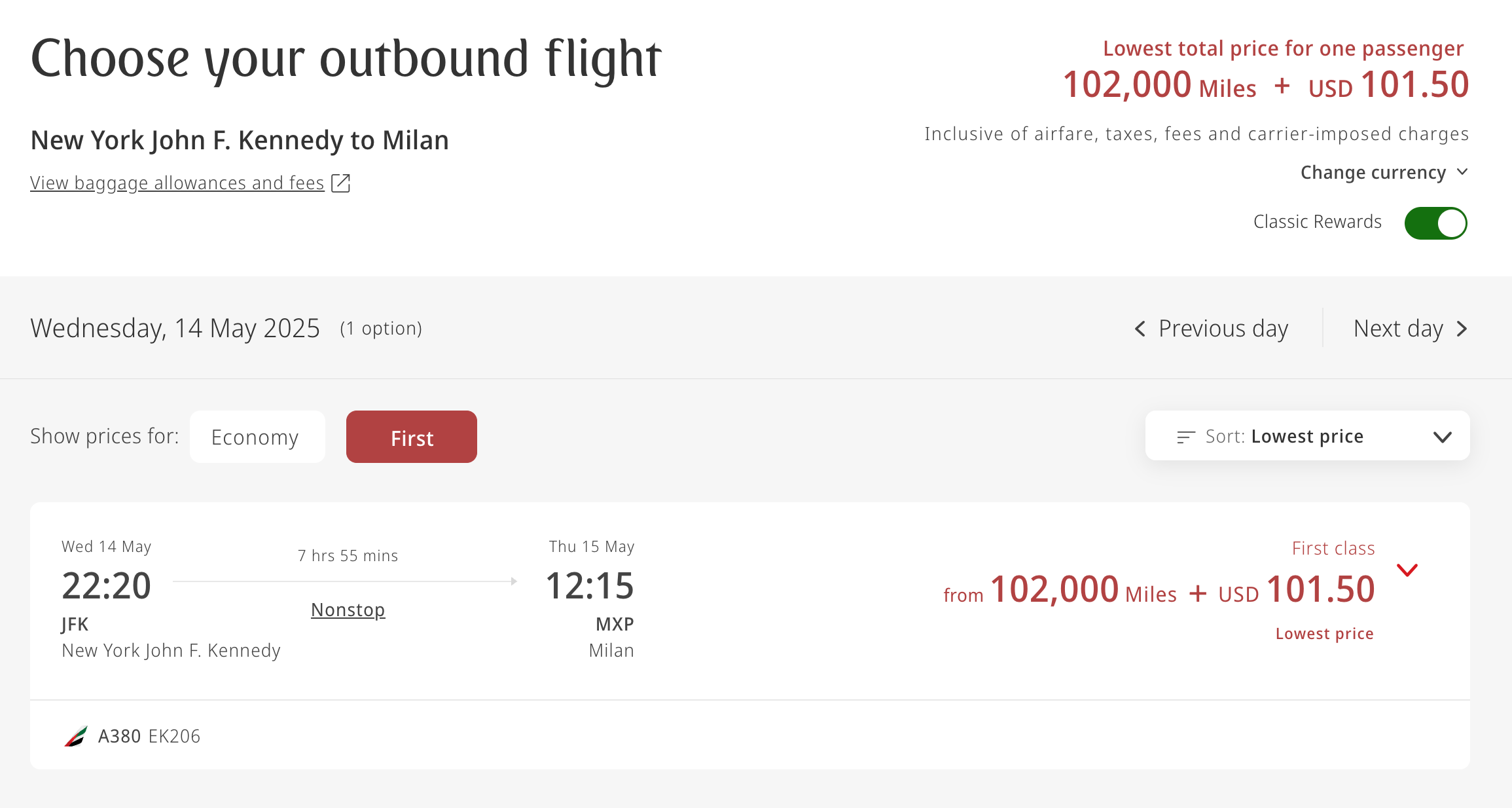 Emirates first class award from JFK-MXP