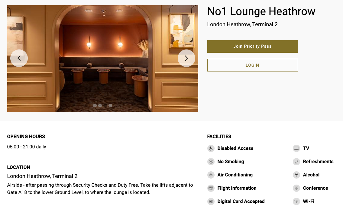 No1 Lounge Heathrow page on the Priority Pass website