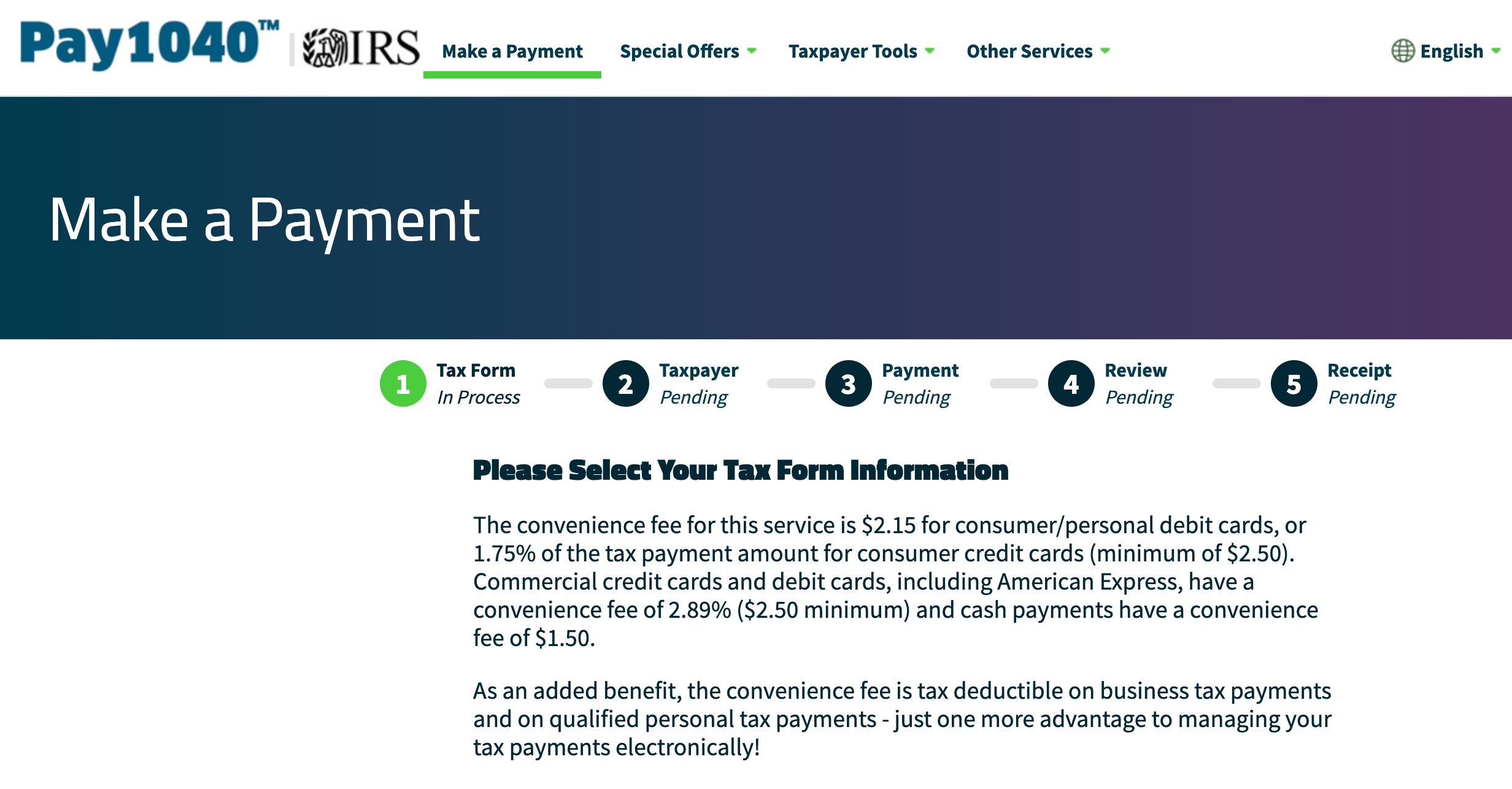 Fees associated with paying taxes with Pay 1040
