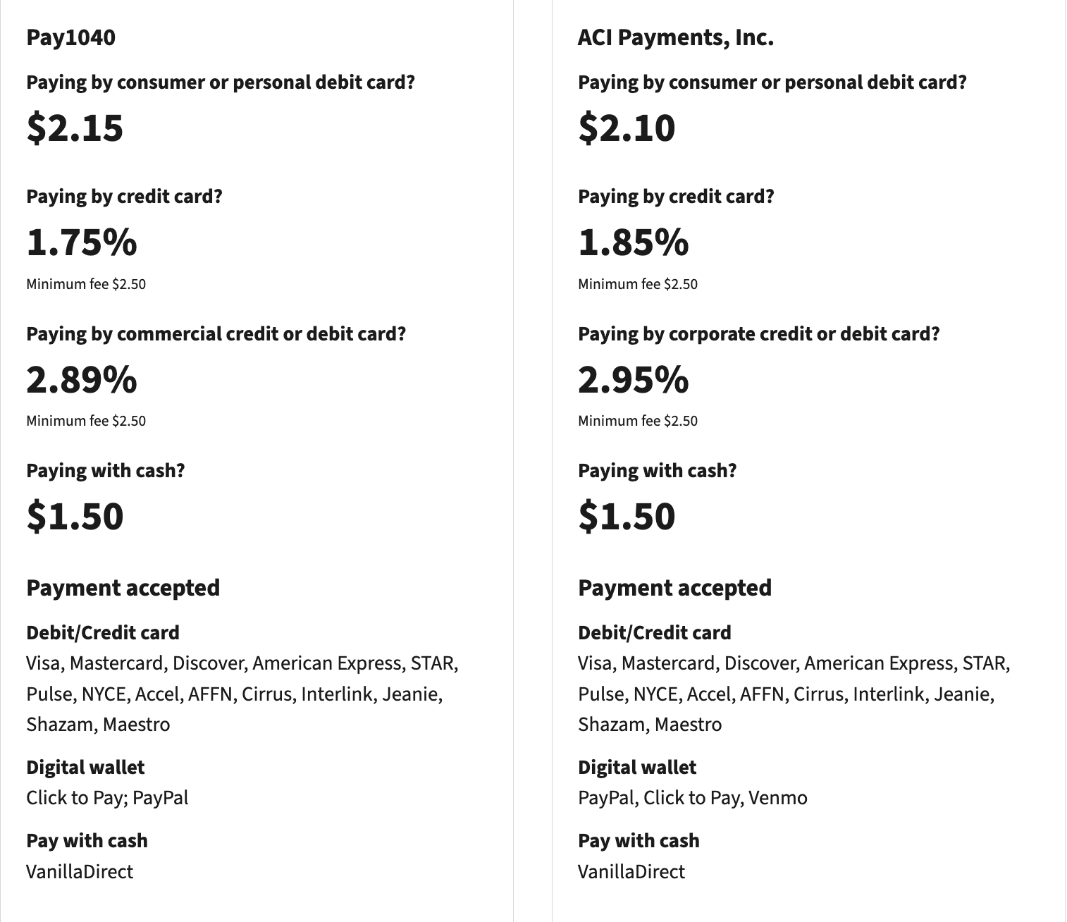 IRS.gov payment fees screenshot