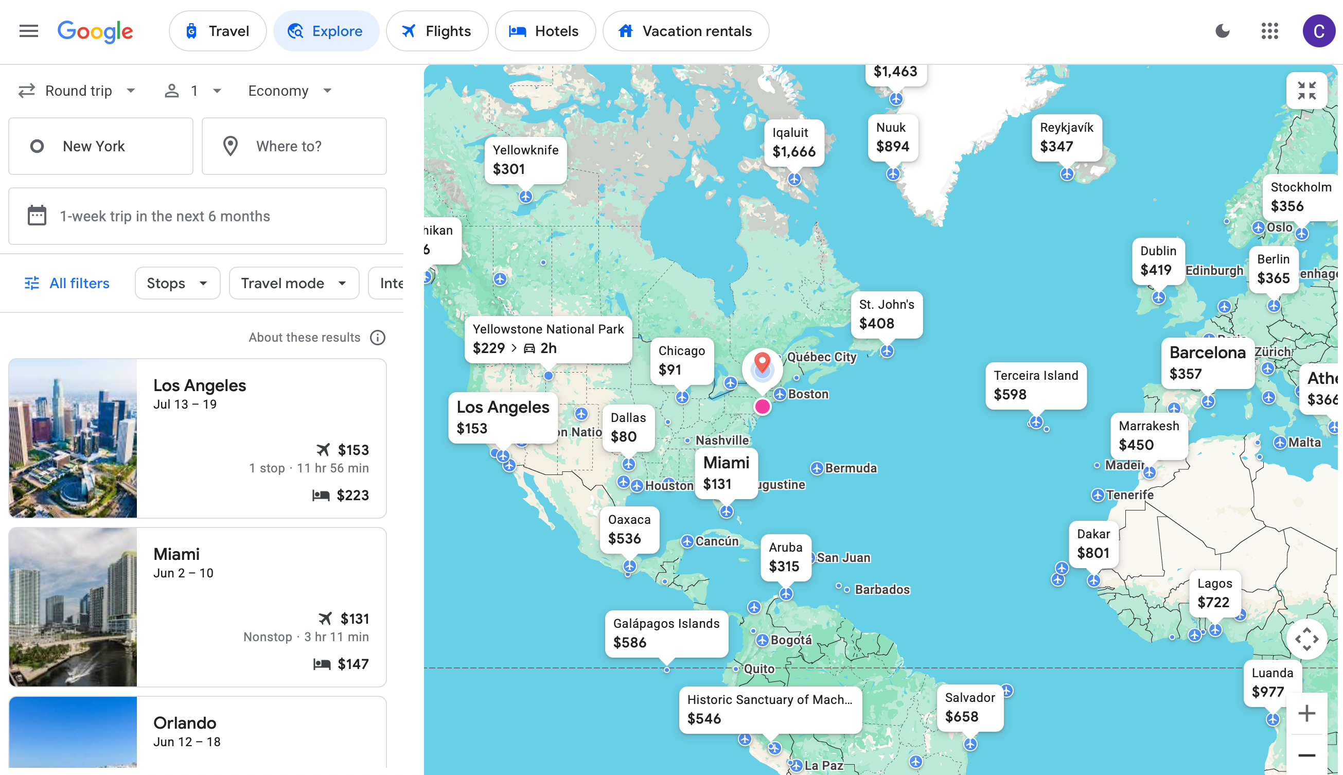 Google Flights Explore interactive map.