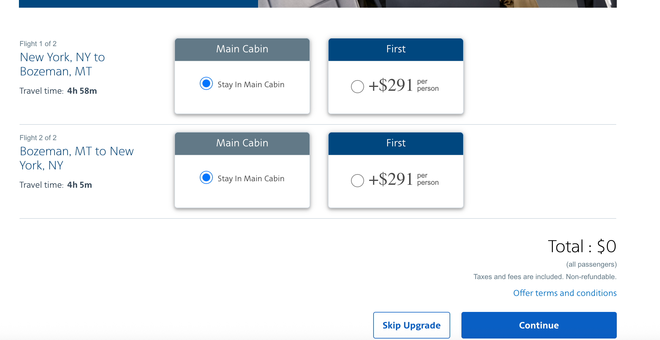 American Airlines upgrade offer.