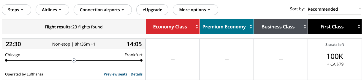 Lufthansa first class award chart showing on Air Canada's website