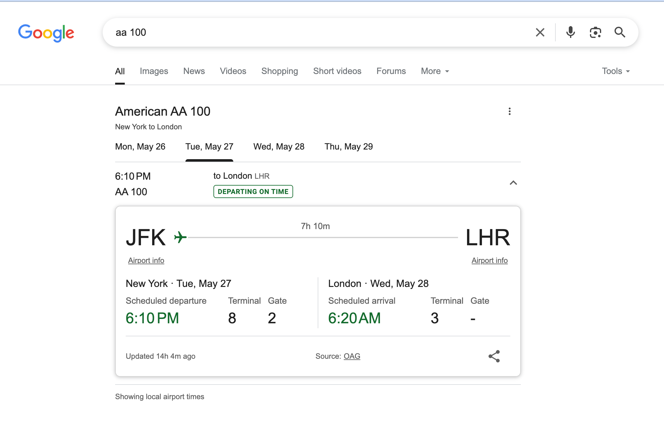 By enters your airline and flight number in a search bar, you can find if its on time or delayed. GOOGLE