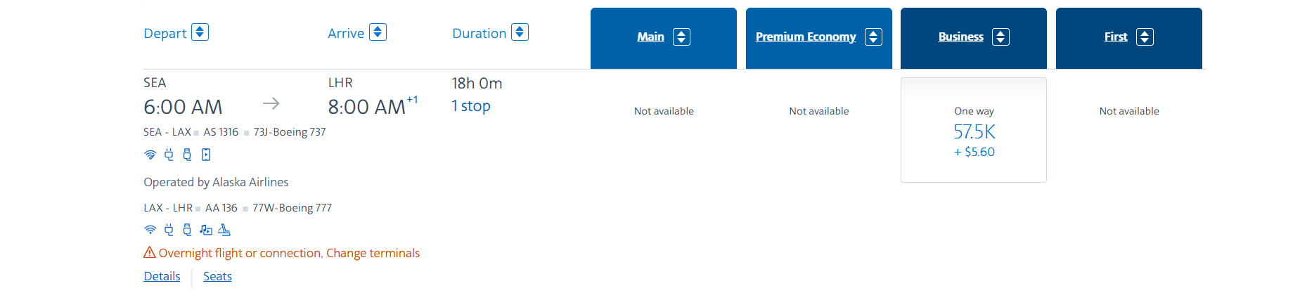 Screenshot of an American Airlines booking from SEA-LHR
