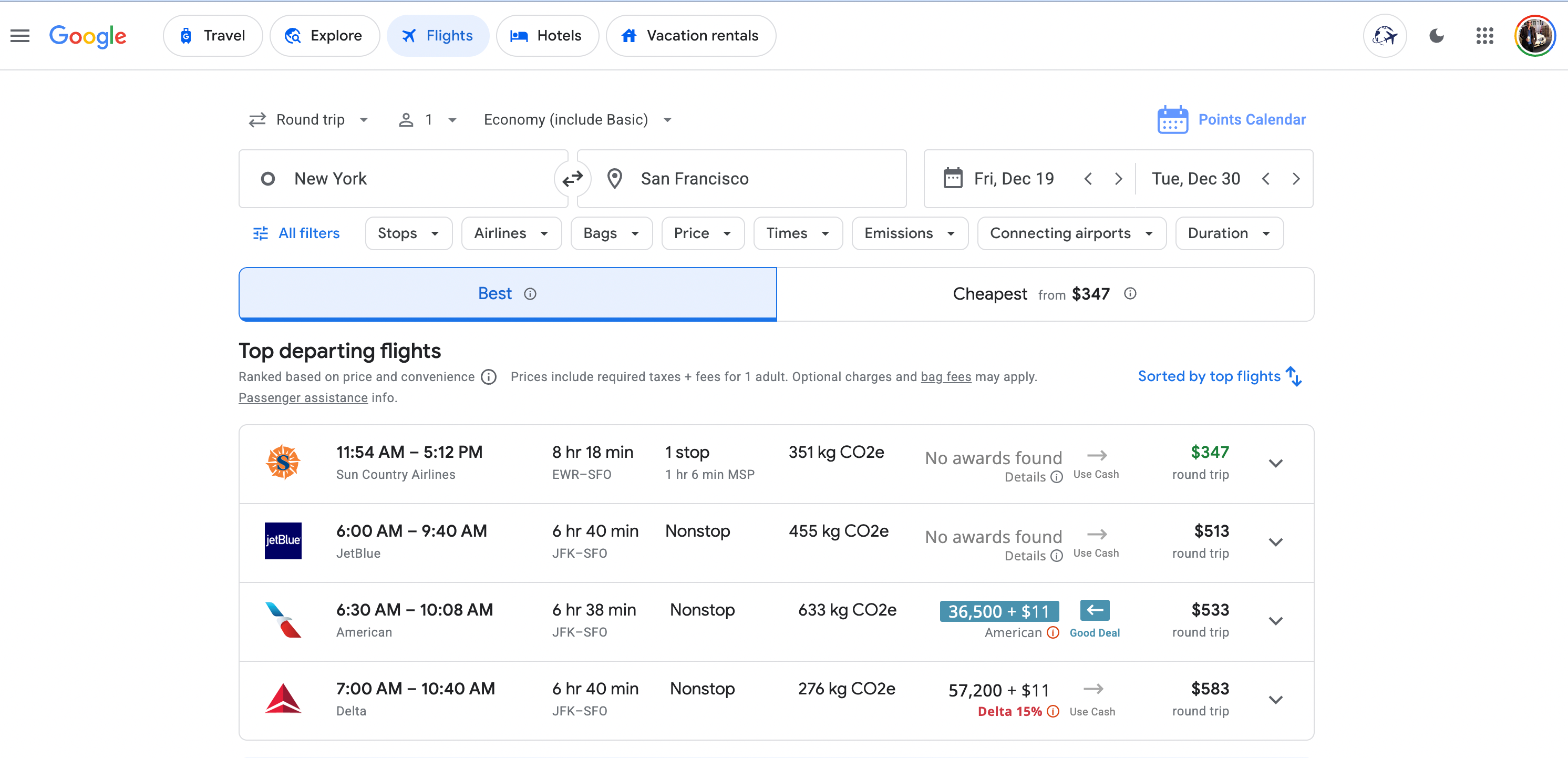 Search for trip to San Francisco on Google Flights.