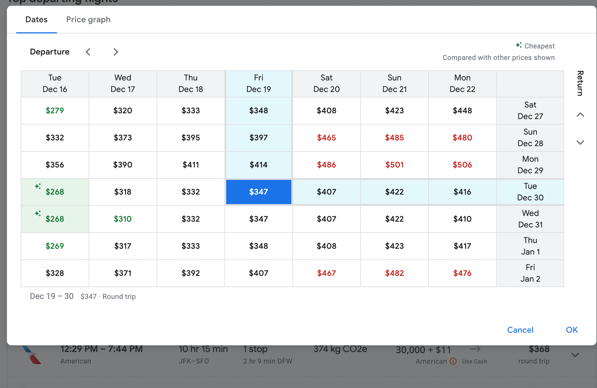 Date grid for cheapest flights on Google flights