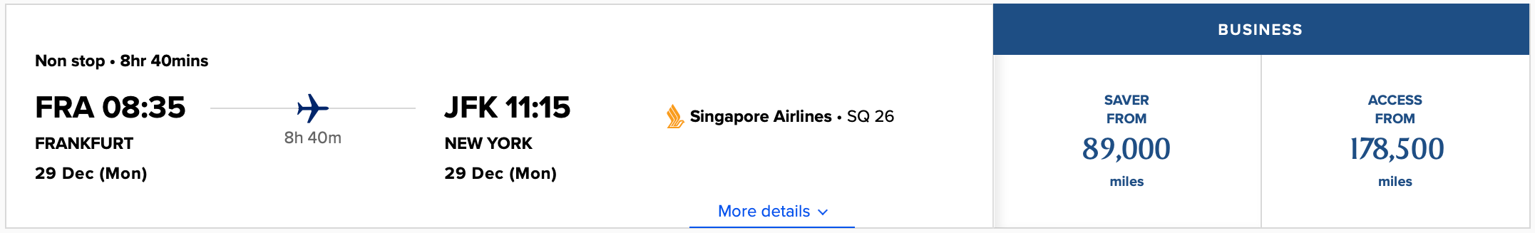 Singapore Airlines award ticket from New York to Frankfurt